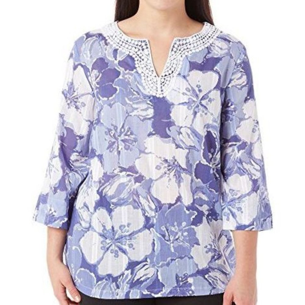 Women's Blue Floral Split-Neck Tunic Top